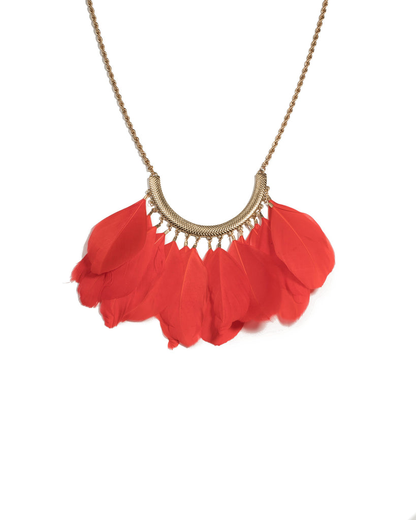 Coral Gold Tone Multi Feather Statement Necklace