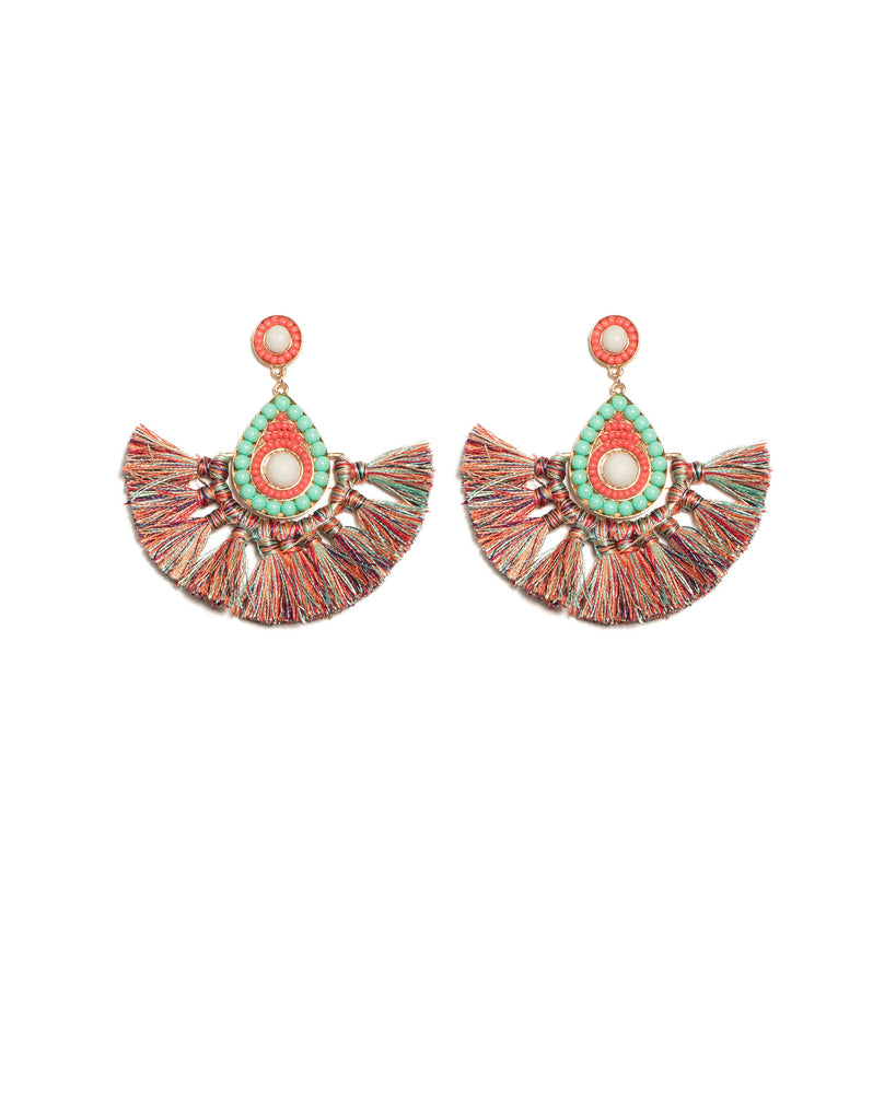 Multi Colour Gold Tone Beaded Tassel Statement Earrings
