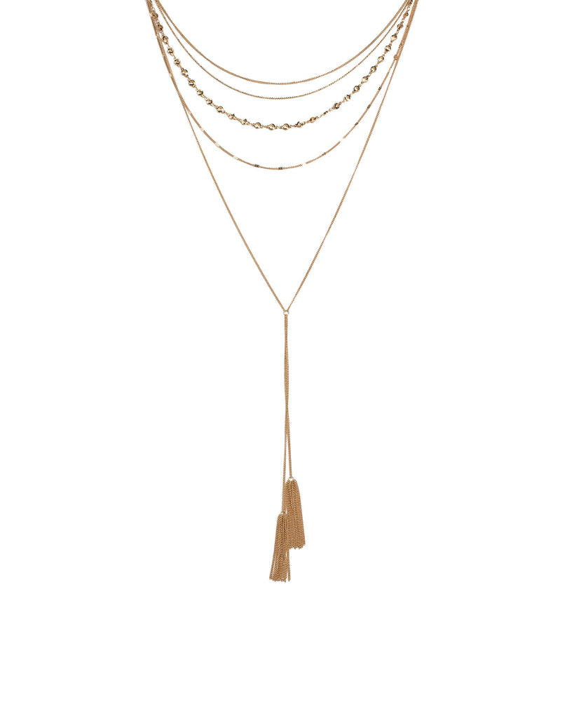 Gold Tone Bead And Metal Tassel Long Necklace