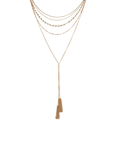 Gold Tone Bead And Metal Tassel Long Necklace