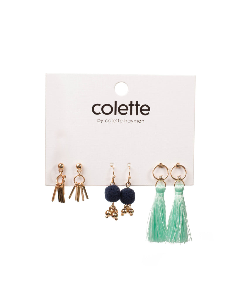 Blue Gold Tone Drop Pom-Pom Tassel Earrings Pack