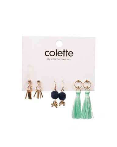 Blue Gold Tone Drop Pom-Pom Tassel Earrings Pack