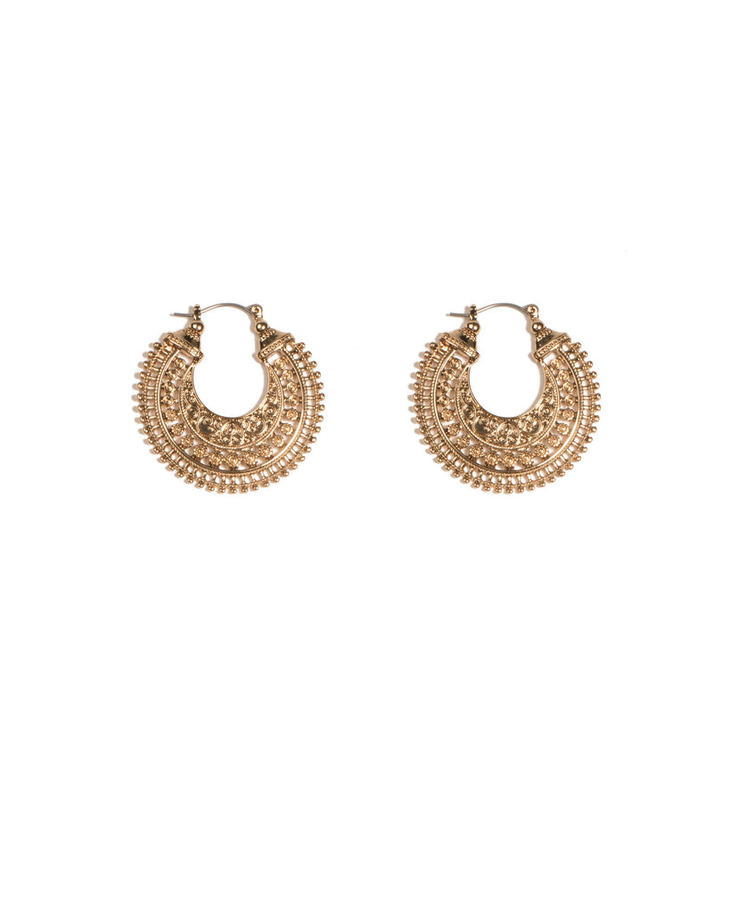 Gold Tone Filigree Side Hoop Earrings