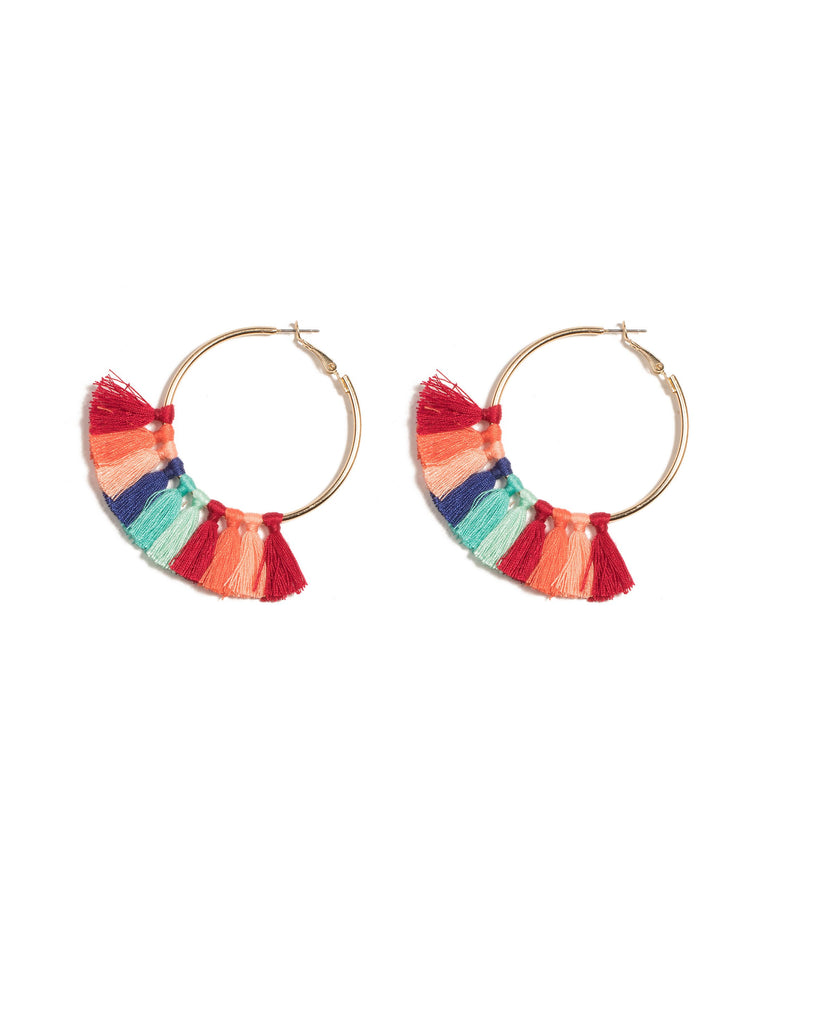 Multi Colour Gold Tone Multi Tassel Hoop Earrings