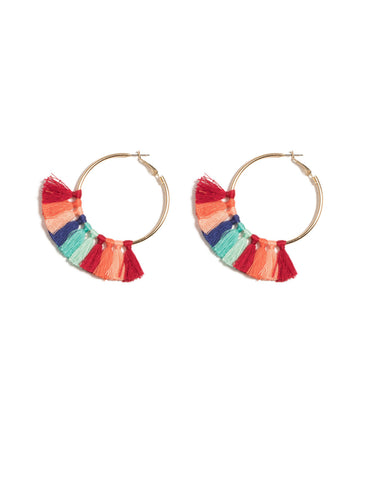 Multi Colour Gold Tone Multi Tassel Hoop Earrings