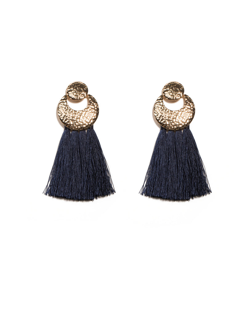 Navy Gold Tone Metal Disk Tassel Statement Drop Earrings