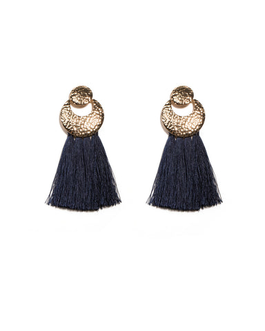 Navy Gold Tone Metal Disk Tassel Statement Drop Earrings