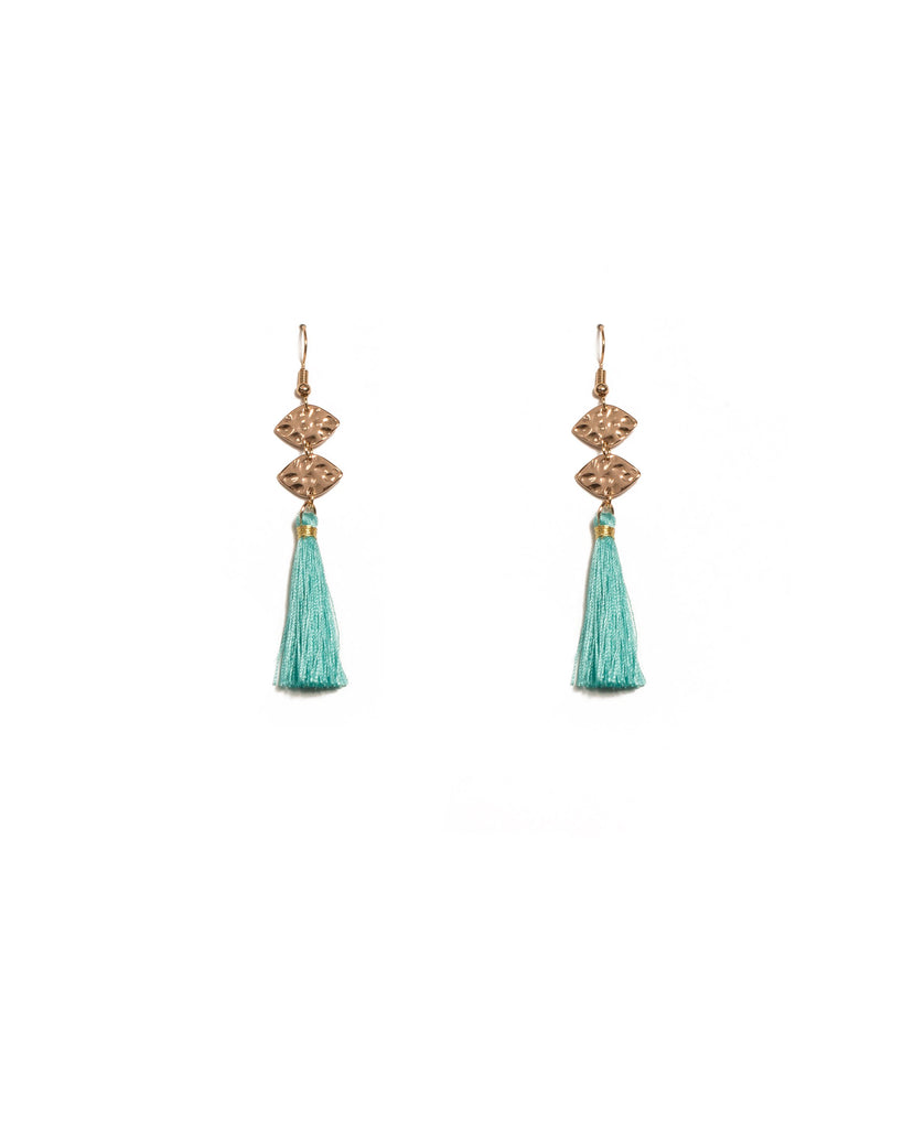 Blue Gold Tone Tassel Hammered Drop Earrings