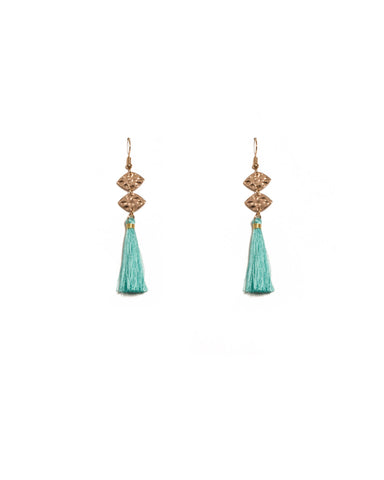 Blue Gold Tone Tassel Hammered Drop Earrings