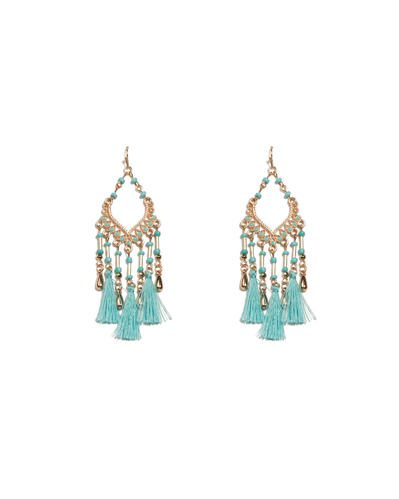 Blue Gold Tone Filigree Beaded Tassel Statement Earrings