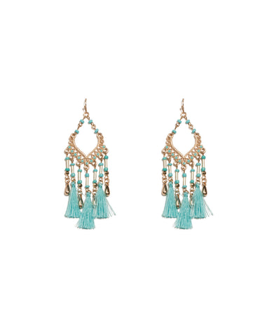 Blue Gold Tone Filigree Beaded Tassel Statement Earrings