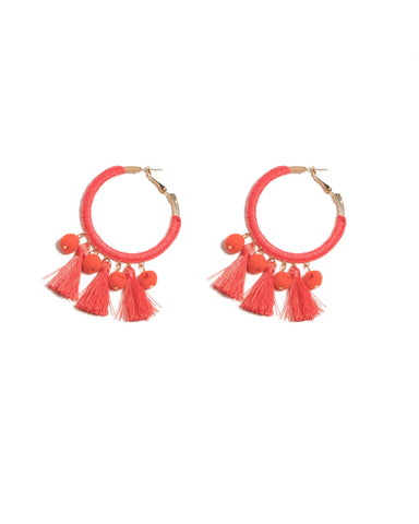 Coral Gold Tone Pom-Pom And Tassel Hoop Earrings