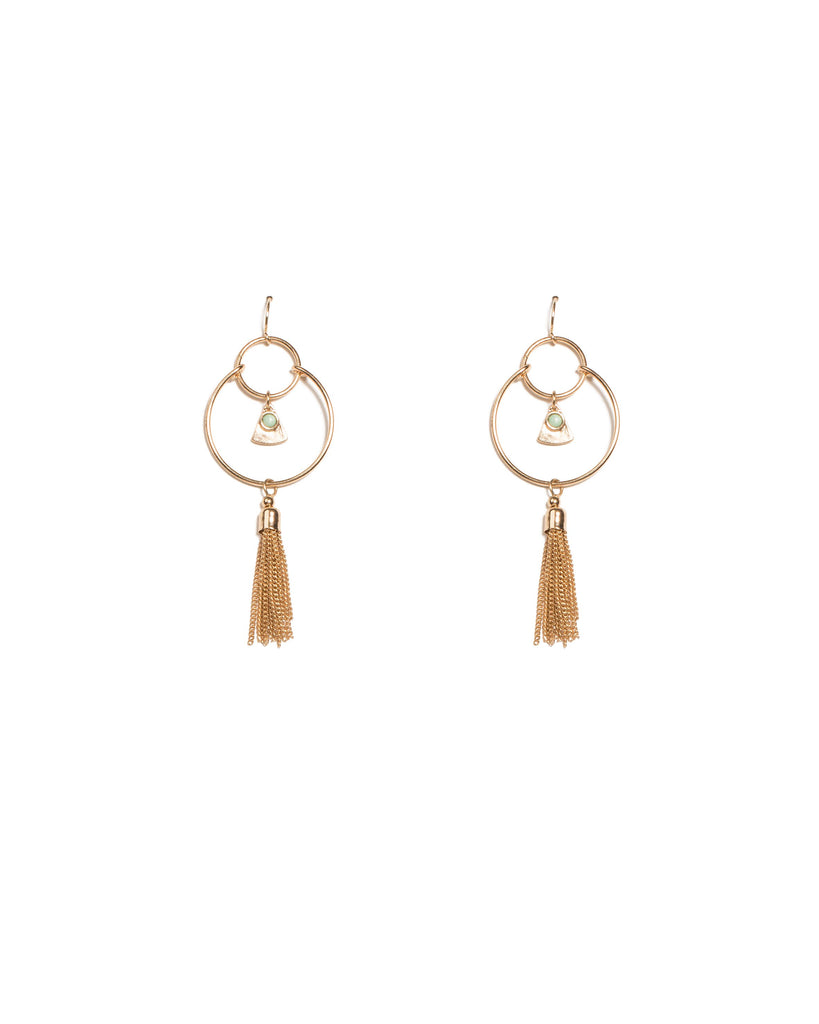 Green Gold Tone Drop Bead And Tassel Metal Earrings