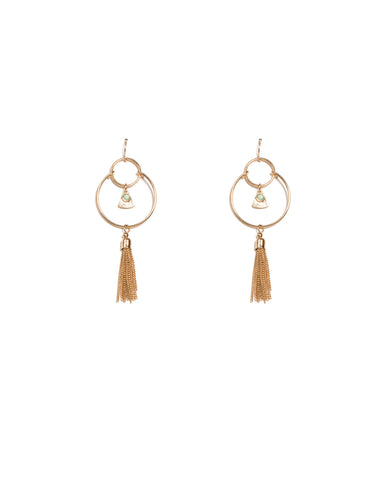 Green Gold Tone Drop Bead And Tassel Metal Earrings