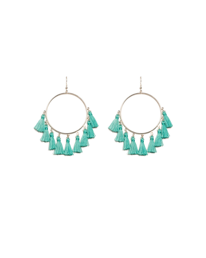 Blue Silver Tone Multi Tassel Hoop Earrings