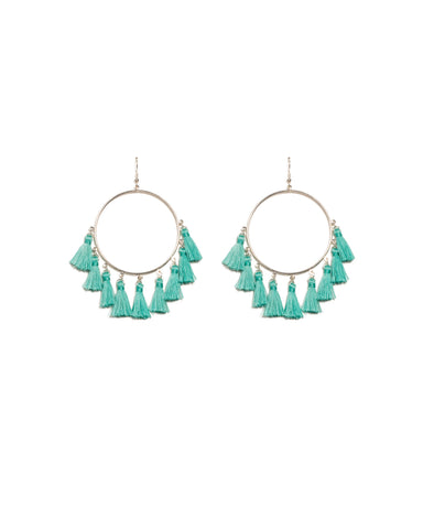 Blue Silver Tone Multi Tassel Hoop Earrings