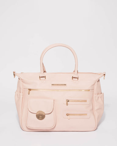 Pink Saffiano Pocket And Zip Baby Travel Bag With Gold Hardware