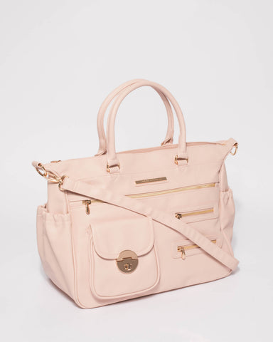 Pink Saffiano Pocket And Zip Baby Travel Bag With Gold Hardware