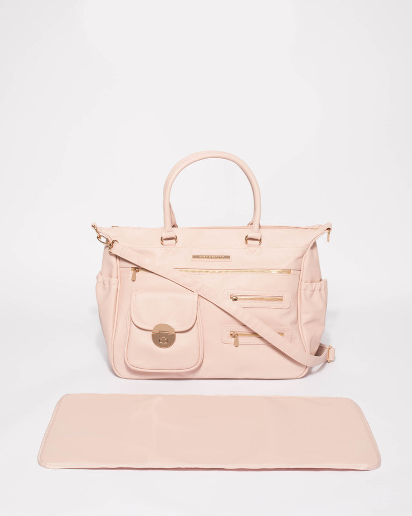 Pink Saffiano Pocket And Zip Baby Travel Bag With Gold Hardware