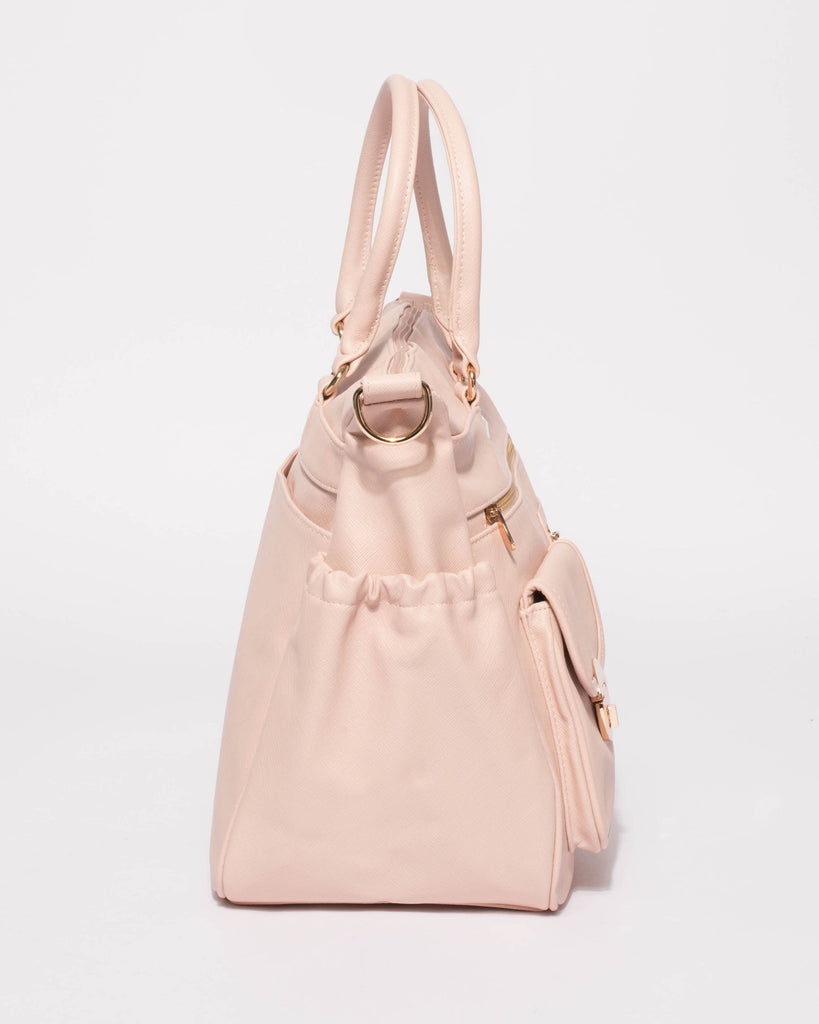 Pink Saffiano Pocket And Zip Baby Travel Bag With Gold Hardware