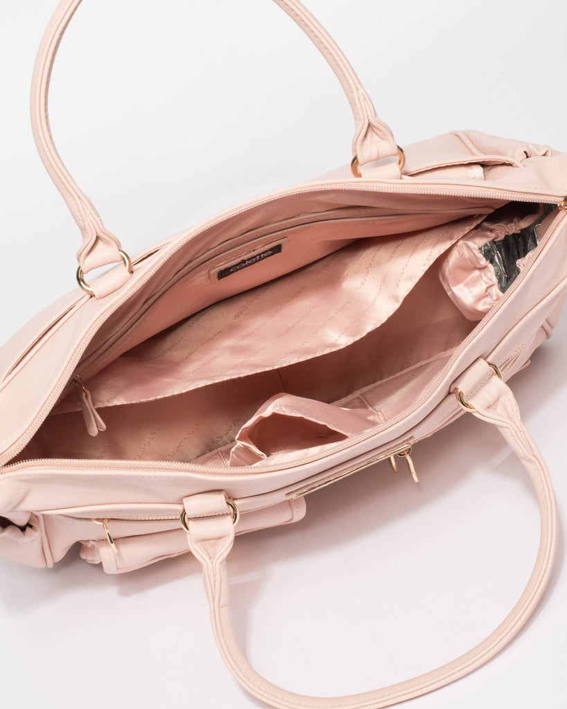 Pink Saffiano Pocket And Zip Baby Travel Bag With Gold Hardware
