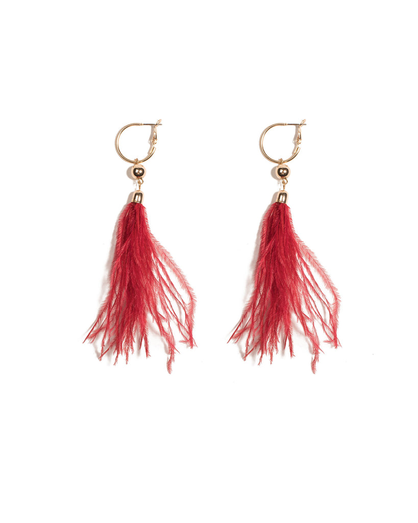 Red Gold Tone Feather Statement Drop Earrings