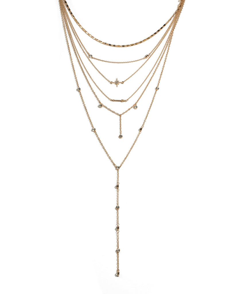 Crystal Gold Tone Multi Chian Layer Stone Statement Necklace