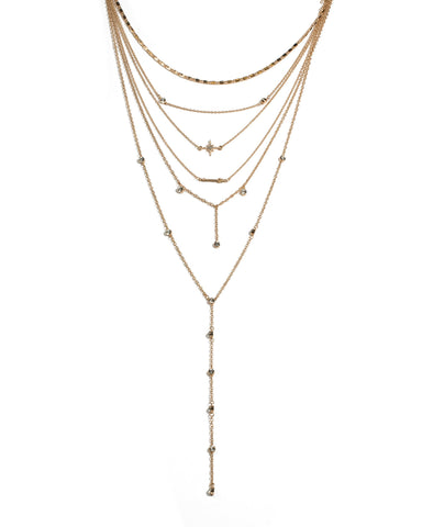 Crystal Gold Tone Multi Chian Layer Stone Statement Necklace