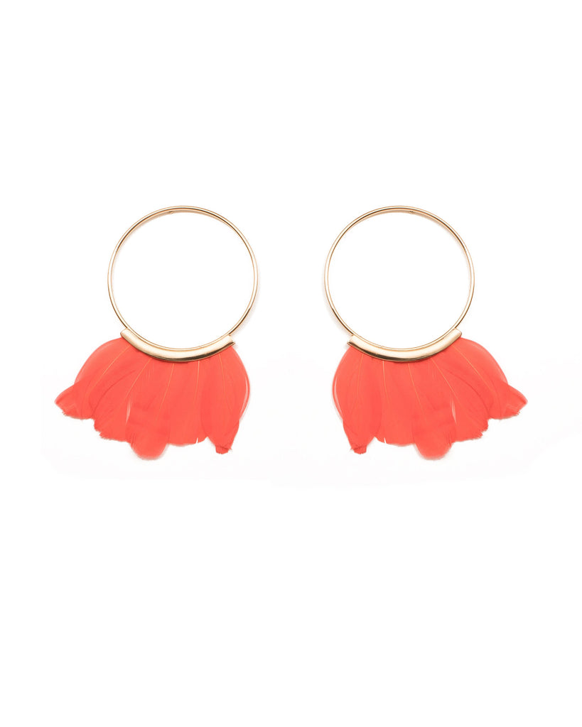 Coral Gold Tone Feather Statement Drop Earrings