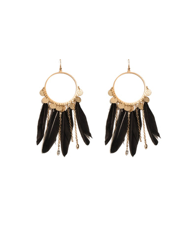 Black Gold Tone Feather And Chain Statement Drop Earrings