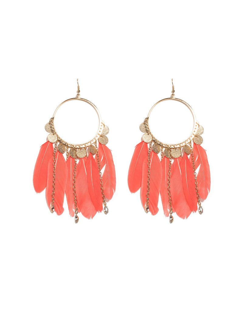 Coral Gold Tone Feather And Chain Statement Drop Earrings