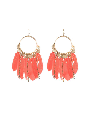 Coral Gold Tone Feather And Chain Statement Drop Earrings