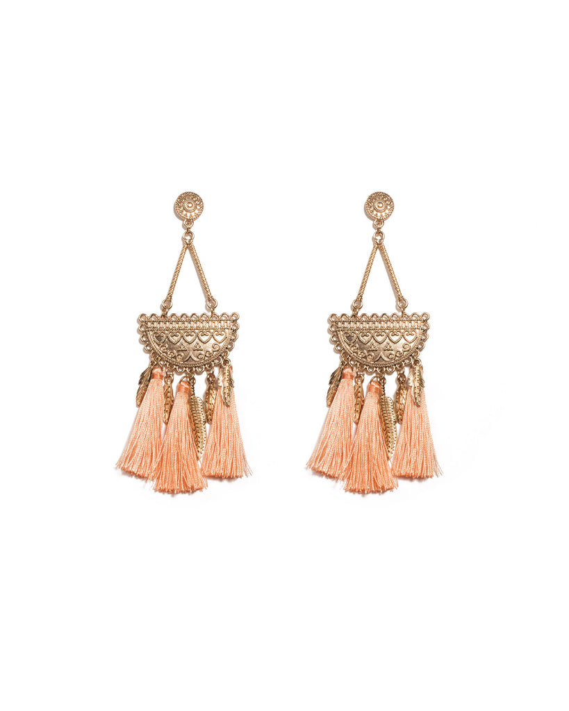 Peach Gold Tone Boho Tassel Statement Drop Earrings