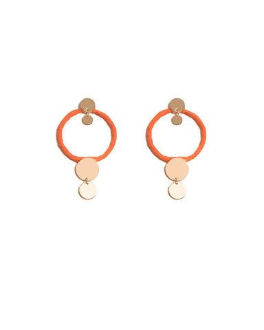 Orange Gold Tone Fabric Wrap Disc Statement Earrings