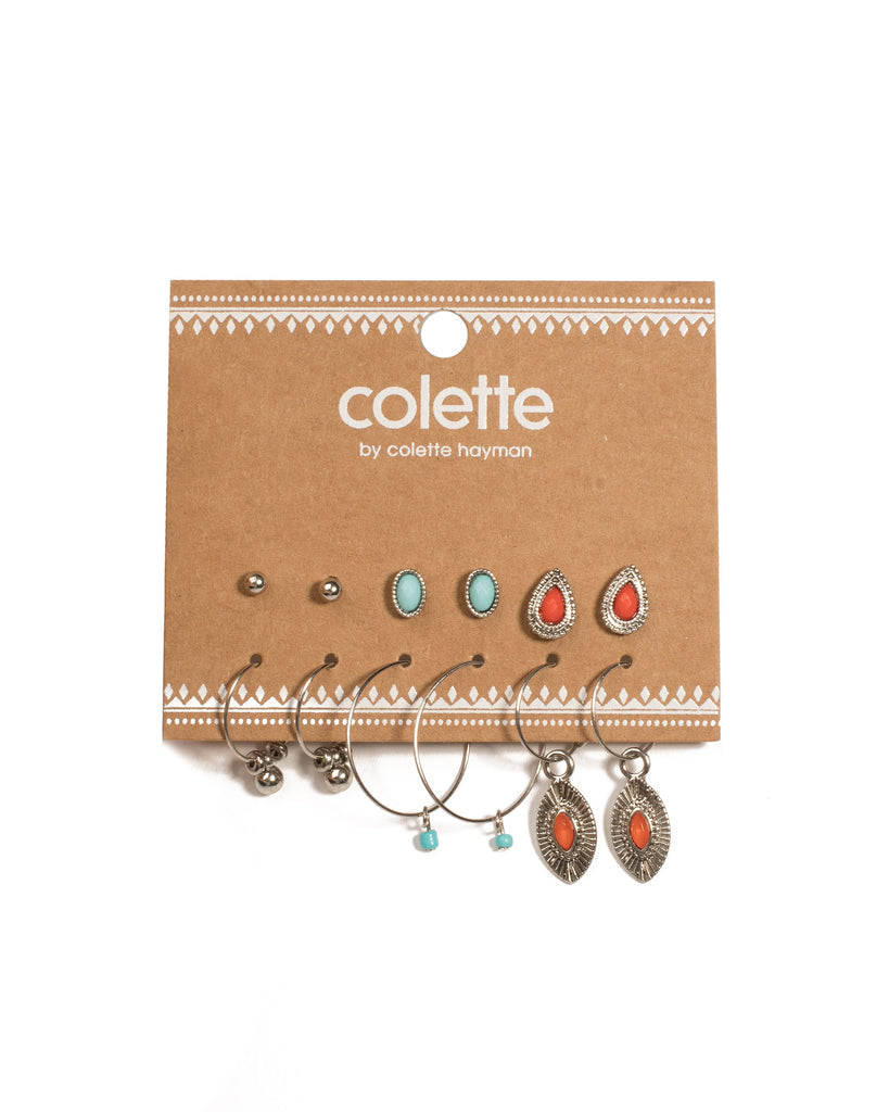 Multi Colour Silver Tone Stone And Bead Mini Hoop Earring Pack