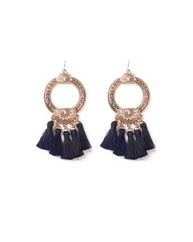 Black Gold Tone Beaded Hoop Tassel Statement Earrings