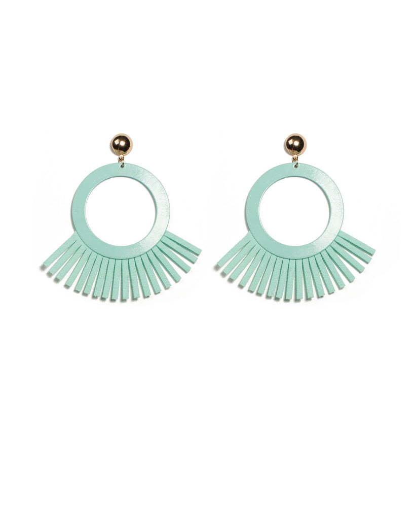 Green Gold Tone Disk Felt Tassel Statement Drop Earrings