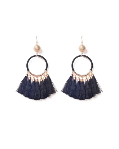 Black Gold Tone Large Hoop With Tassel Statement Earrings