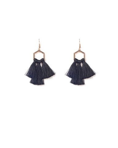 Black Gold Tone Tassel Drop Hexagon Earrings