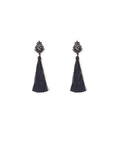 Black Gunmetal Tone Filagree Tassel Drop Earrings