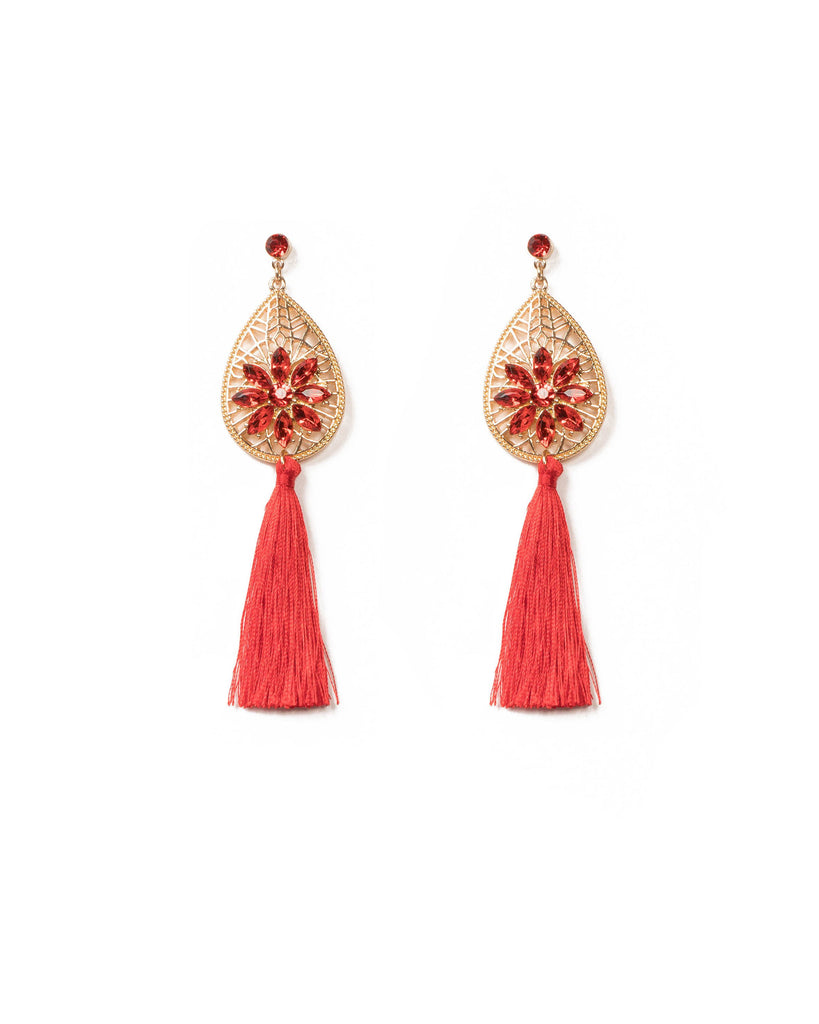 Red Gold Tone Crystal Tassel Drop Earrings