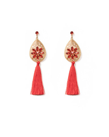 Red Gold Tone Crystal Tassel Drop Earrings