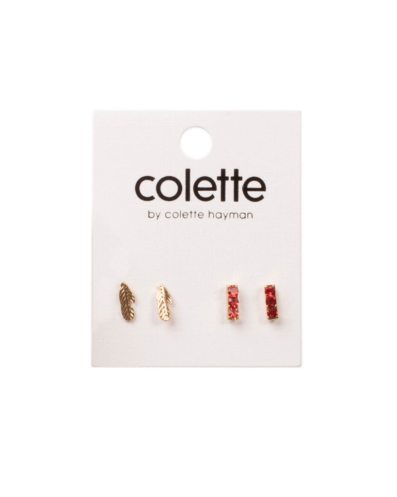 Red Gold Tone Stud Crystal And Feather Earring Pack