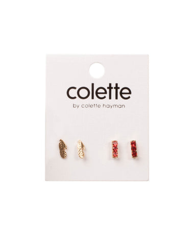 Red Gold Tone Stud Crystal And Feather Earring Pack
