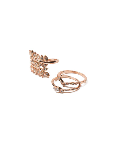 Crystal Rose Gold Tone Leaf Pave Ring Set - Medium