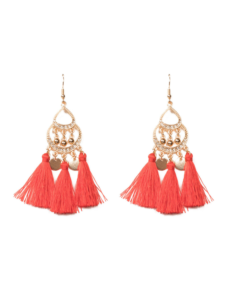 Red Gold Tone Teardrop Tassel Pave Earrings