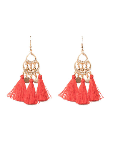 Red Gold Tone Teardrop Tassel Pave Earrings