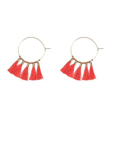Red Gold Tone Hoop With Tassels Earrings