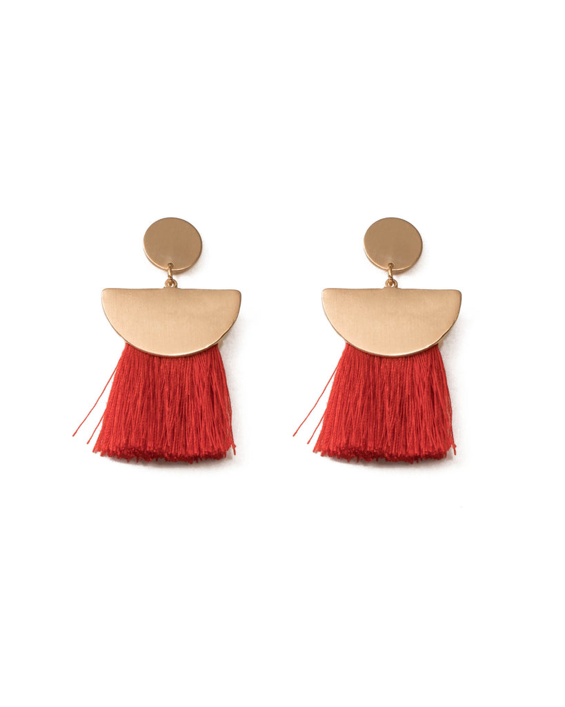 Red Gold Tone Multi Tassel Half Moon Earrings