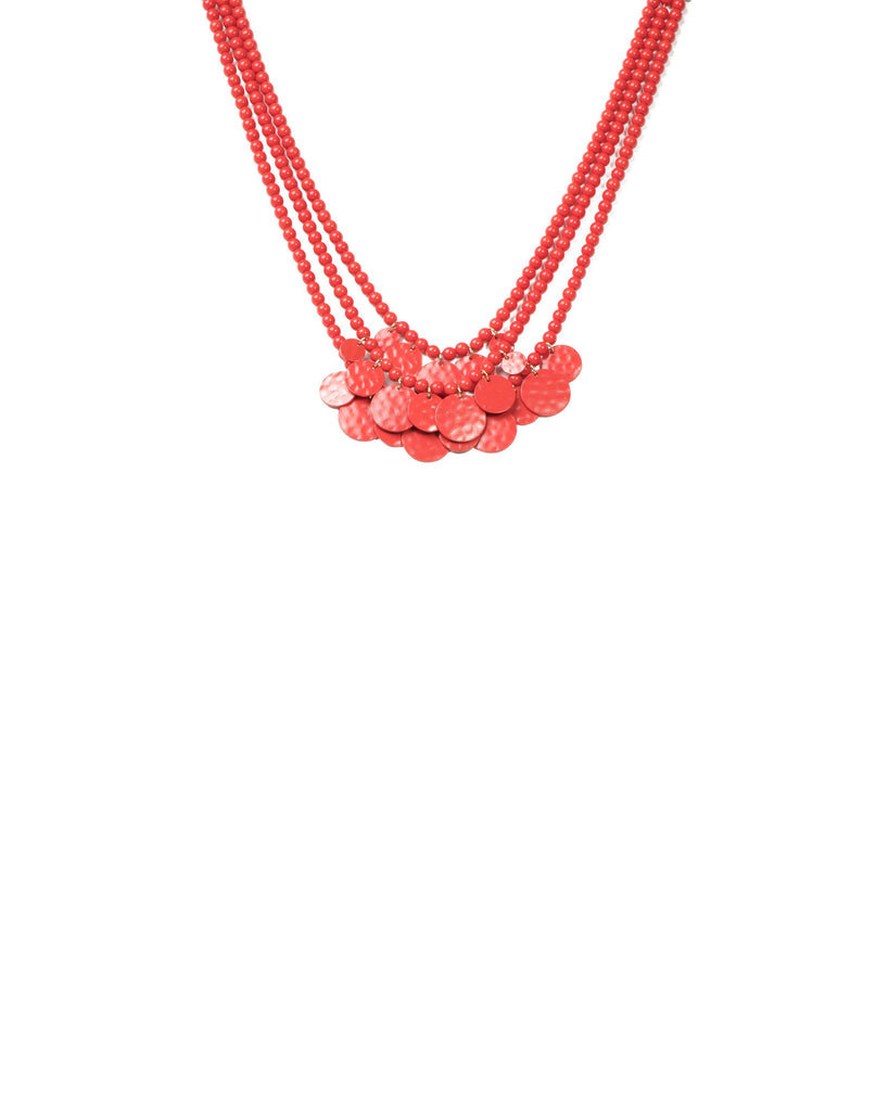 Red Gold Tone Hammered Discs Multi Row Necklace